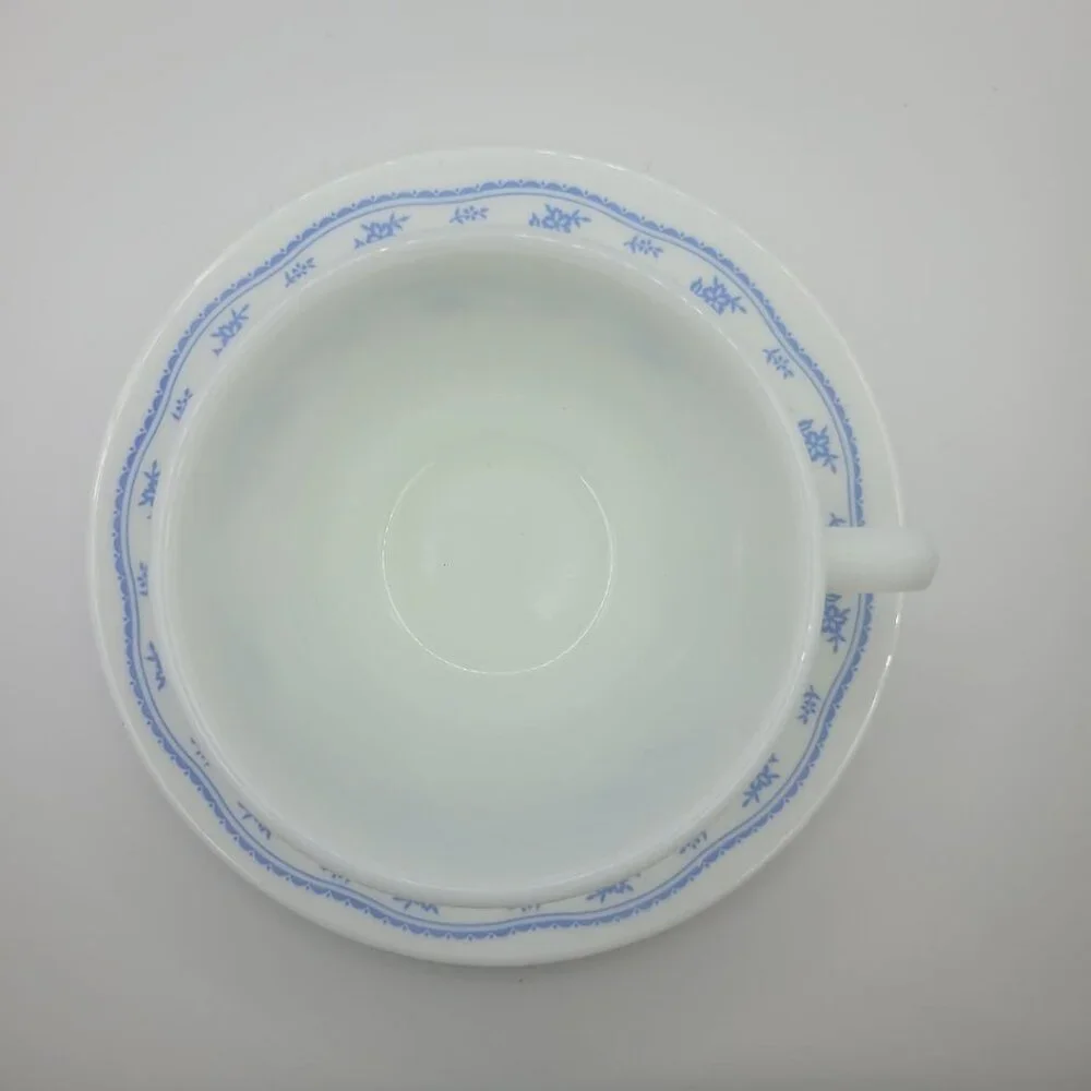 Pyrex Corelle‎ By Corning Blue Flower Teacup Saucer Set White Glass Coffee